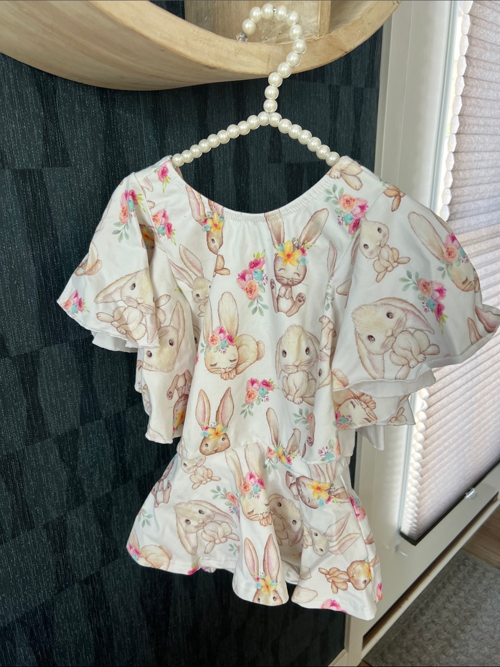 Easter Bunny Print Ruffle one piece with voluminous sleeves and hidden shorts